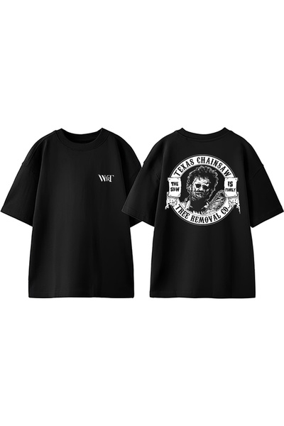 THEWERT Tricou negru oversize din bumbac cu imprimeu pe spate The Saw Is Fami...