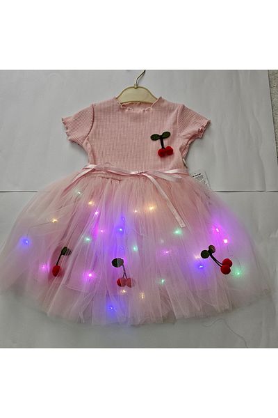 Beryka Led Lighted Cherry Patterned Pink Tutu Girl's Dress – Princess Model, Lined