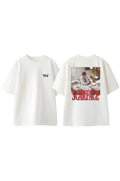 THEWERT Tricou supradimensionat alb din bumbac cu imprimeu pe spate Scarface Money Design