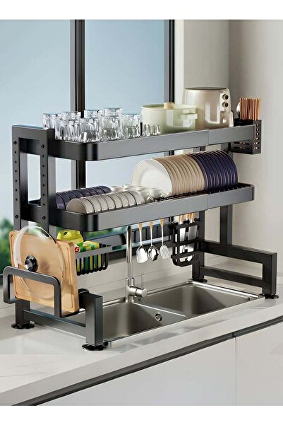 Taimi 2-Tier Over Sink Dish Drying Rack (65cm) with Cutlery Basket, Knife and...