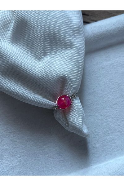 Pel Design 8 mm Pink Agate Adjustable Silver Wire Ring