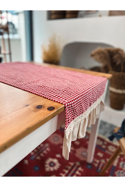 KaiHome Natural Linen Rectangular Runner with Ruffles on Two Sides 40 X 120cm