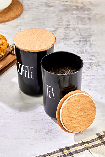 MODA OZY 2'li Ahşap Vakum Kapaklı Transfer Etiketli Tea/Coffe Akrilik (Plastik)Kavanoz 900ml