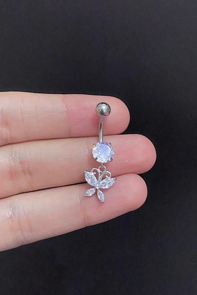Blisse Piercing Women's Silver Dangle Zircon Stone Butterfly Figured Steel Belly Piercing