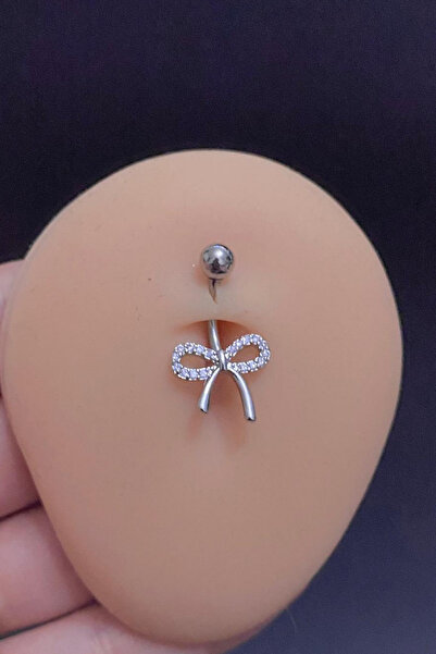 Blisse Piercing Kadın Gümüş Zirkon Taşlı Fiyonk Figürlü Çelik Göbek Piercing