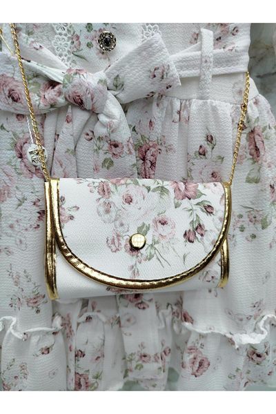 XORVİO Girl's Pink Flower Pattern Belted Buttoned Dress Short Sleeve Enese Zipper Doll Collar Chiffon Dress