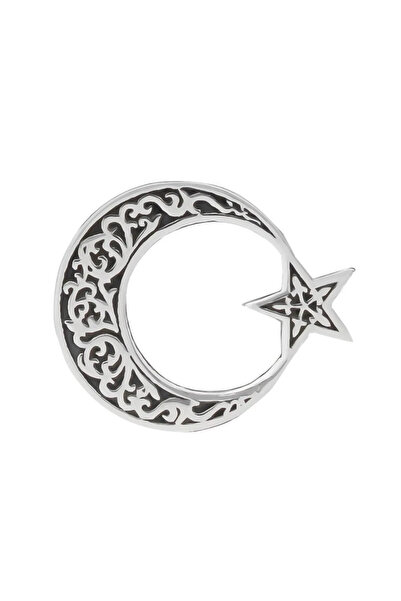 Moda Gümüş 925 Ayar Gümüş Ay Yıldızlı Desenli Erkek Yaka İğnesi Rozet