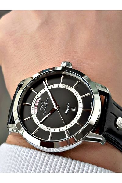 Romanson Special Design Black Color Sapphire Glass Leather Band Steel Case Men's Wristwatch 1632.03