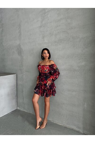 BEJNA Dámské bordó vzorované čtvercové sukně s límcem z vrstveného šifonu