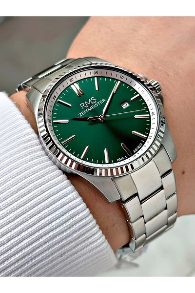 Romanson With Calendar Silver-Green Color Steel Band Steel Case Men's Wristwatch with 24 Months Guarantee 1623.04