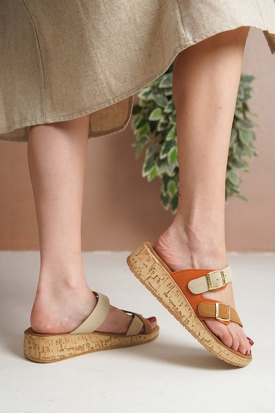 Taran Aisha Women's Gold Double Buckle Detailed Daily Suede Slippers