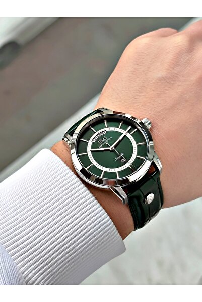 Romanson Özel Tasarım Yeşil Renk Safir Cam Deri Kordon Çelik Kasa Erkek Kol Saati 1632.05