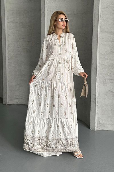 AYASOFYA OTANTIK Rochie largi cu model, cu închidere cu nasturi, albă, pentru femei
