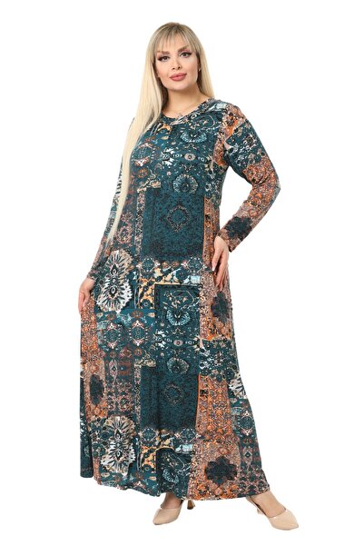 Hazinedan Blue Ethnic Patterned Viscose Mother Plus Size Women's Dress