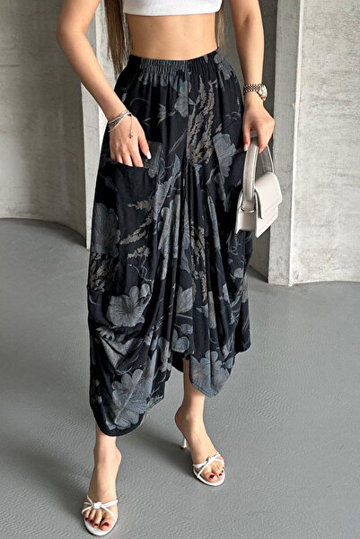 STANDART Fusta neagră cu model pentru femei, cu talie elastică și buzunar