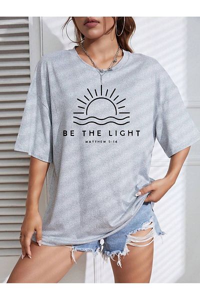 VBSVİBES Be the Light Women's Colorful Special Printed Oversize Single Jersey Crew Neck T-Shirt