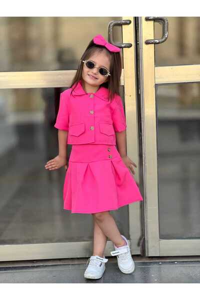 EsareModa Kız Çocuk Etek-Ceket-İçlik-Toka 4 Lü Set FUŞYA RENKLİ