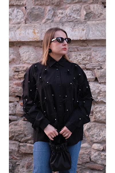 Klein Taş Ve Tüy Detaylı 38-44 Beden Tasarım Siyah Gömlek