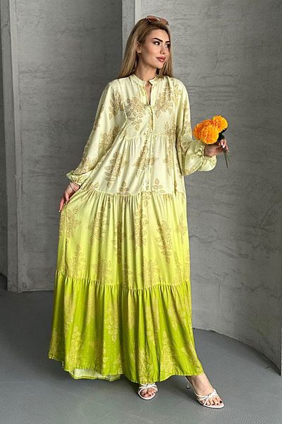 AYASOFYA OTANTIK Women's Yellow Button Closure Placket Collar Ethnic Patterned Balloon Sleeve Loose Long Dress
