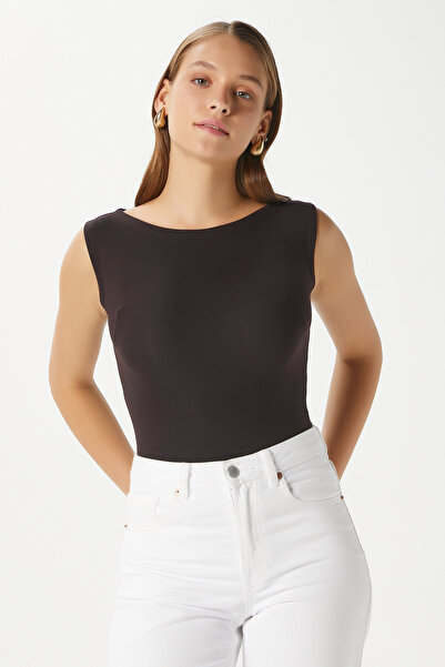 Ritnice Γυναικεία Nova Boat Neck Lux Touch Soft Texture Αμάνικη μπλούζα καφέ