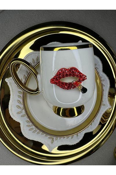 EŞİYOK Crystal Stone Special Design Lip and Lipstick Decorated Gold Detailed Coffee Cup and Presentation Bowl/Turkish Delight Bowl