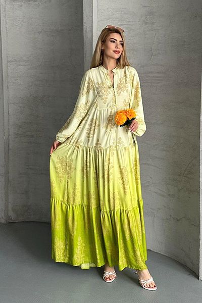 AYASOFYA OTANTIK Women's Yellow Button Closure Placket Collar Ethnic Patterned Balloon Sleeve Loose Long Dress