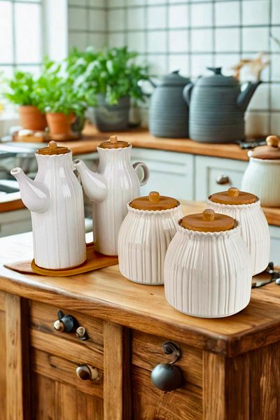 Woodcept 6-Piece Porcelain Daisy Model Vacuum Lid Storage Jar Set, Set of 2 Oil Pots with Bamboo Stand