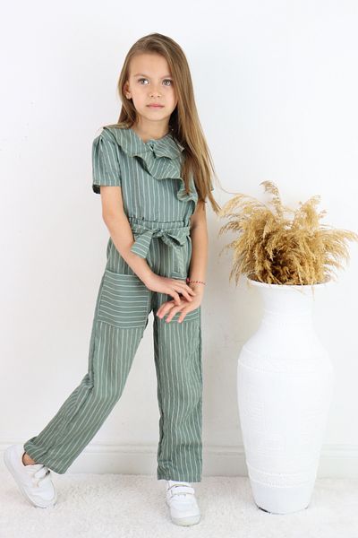 FESSHERA 💜   Girl's Double Breasted Collar Ruffle Detailed Striped Jumpsuit – Suitable for Casual and Special Occasion Wear 💜