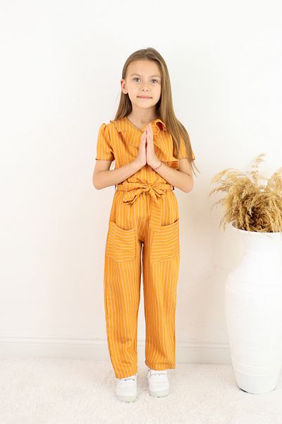 FESSHERA 💜   Girl's Double Breasted Collar Ruffle Detailed Striped Jumpsuit – Suitable for Casual and Special Occasion Wear 💜