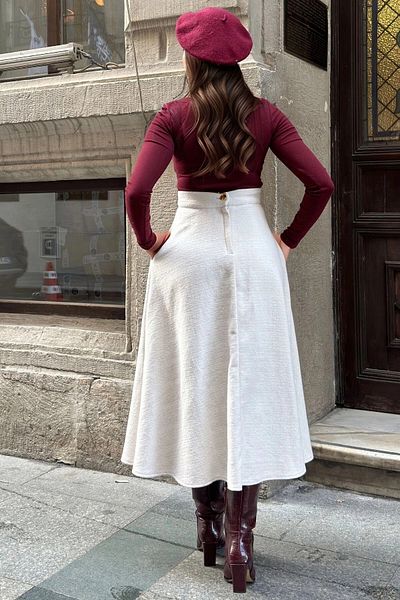 bacc Women's Ecru Pocketed Soft Textured Long Kilos Cashmere Skirt Bcbsk-25700-3528