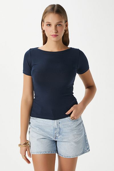 Ritnice Bluză de damă din catifea cu gât de barcă Lux Touch, cu mânecă scurtă, albastru bleumarin