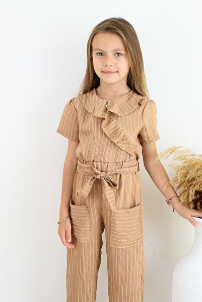 FESSHERA 💜   Girl's Double Breasted Collar Ruffle Detailed Striped Jumpsuit – Suitable for Casual and Special Occasion Wear 💜