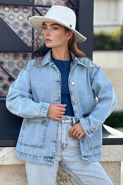 bacc Jachetă de denim crop oversize cu buzunar albastru deschis pentru femei Bcbsk-25700-kt001