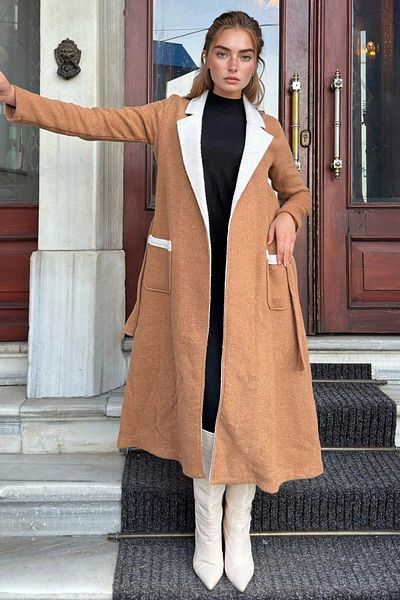 bacc Women's Tan Waist Tie Long Coat Bcbsk-25700-3692
