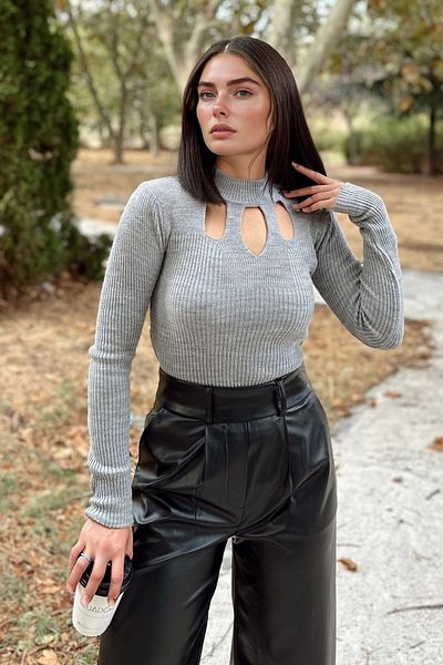 bacc Women's Gray Ribbed Knitwear Sweater with Windowed Chest Bcbsk-25700-K7522