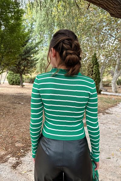 bacc Women's Green Polo V-Neck Striped Knitwear Sweater Bcbsk-25700-K7521