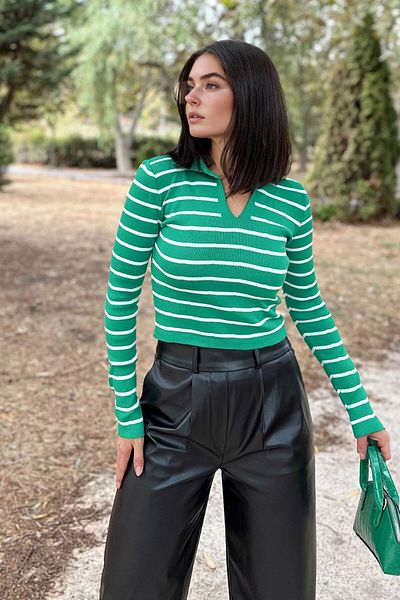bacc Women's Green Polo V-Neck Striped Knitwear Sweater Bcbsk-25700-K7521