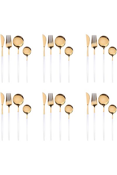 COOYA Western Style Flatware Set, 24-Piece Cutlery Set Service For 6, Mirror Polished Utensil Set (White)
