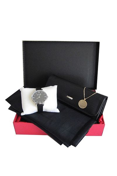 Carlino Mother's Day Black Wallet- Cotton Shawl- Wristwatch- Flower of Life Necklace