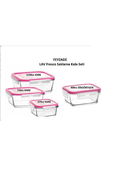 LAV Feyzade Fresco Locked Glass Storage Container Set Pink Lid 4 Pieces (1150Cc-720Cc-400Cc-375Cc)