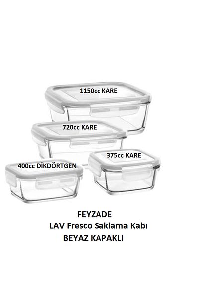 LAV Feyzade Fresco Locked Glass Storage Container Set White Lid 4 Pieces (1150Cc-720Cc-400Cc-375Cc)