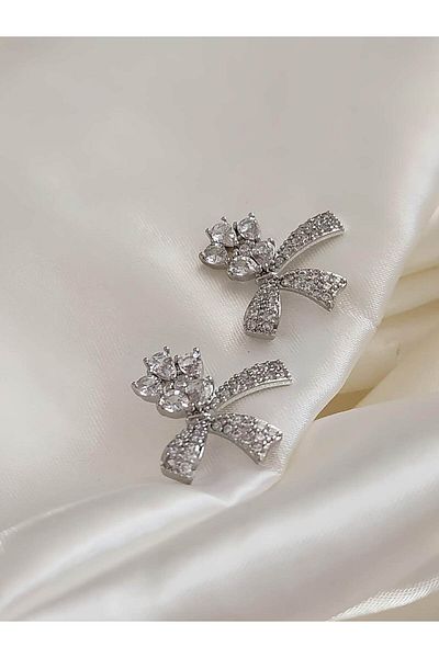 Eva Takı Store Bow Flower Model Silver Color Steel Earrings