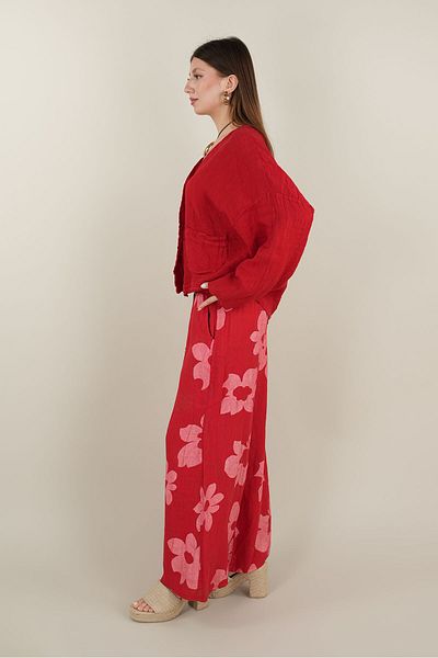 Ranasubaşı Large Floral Patterned Linen Trousers Red