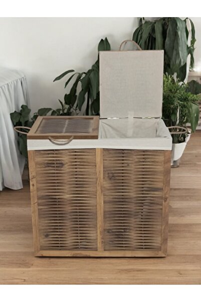woodluck Ahşap Hasır Görünümlü Çift Bölmeli 2 Kapaklı Kirli Çamaşır Sepeti