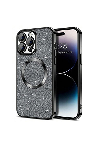 REDz Accessories Carcasă Magsafe Glitter Guard, pentru iPhone 15 Pro Max, rezistentă la șocuri, cu sclipici și silicon, neagră