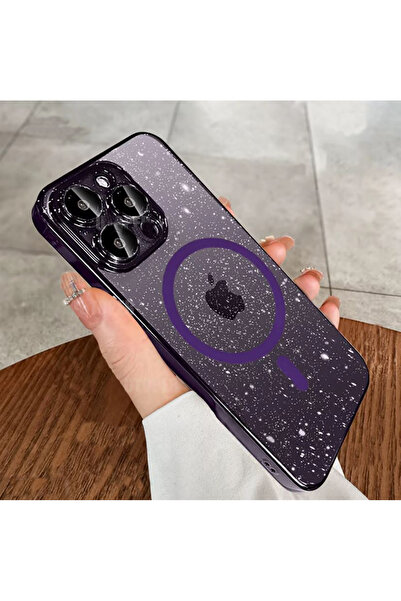 REDz Accessories Carcasă Glow Armor MagSafe, cu sclipici și margini colorate pentru iPhone 15, rezistentă la șocuri, transparentă, violet