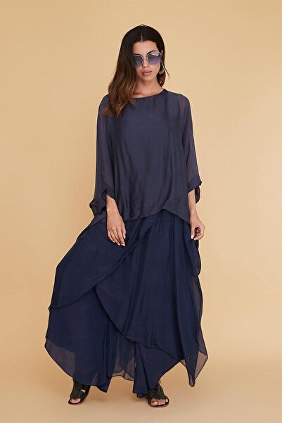 EREN STYLE Ασύμμετρο Μεταξωτό Φαρδύ Παντελόνι με Καπάκι - Σετ Μπλούζα Μεταξωτό με Κορδόνι