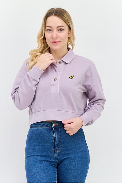 Lyle & Scott Women Spread Collar Brand Logo Long Sleeves Sweatshirt, Purple Skies