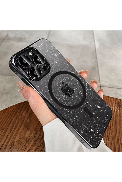 REDz Accessories Carcasă Glow Armor MagSafe, cu sclipici și margini colorate pentru iPhone 15, rezistentă la șocuri, transparentă, neagră