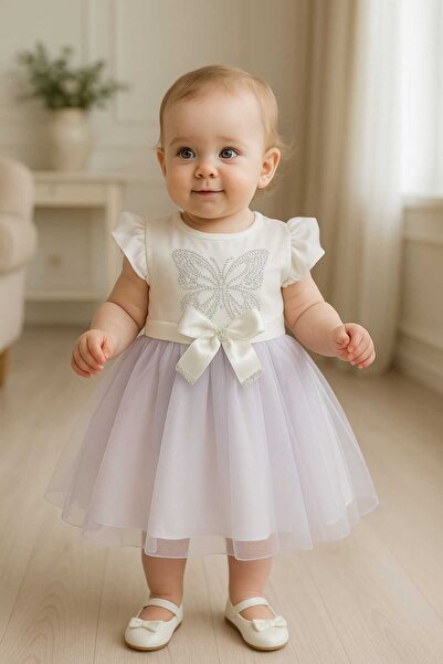 Baby Kız Bebek Kelebek Taş Baskılı Bandajlı Elbise Lila